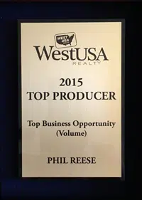 Top producer award given to Phil Reese by West USA for outstanding work in Business Buying and Selling