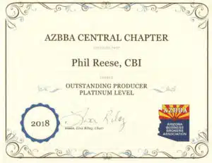 Phil Reese AZBBA Outstanding Producer Certificate 2018