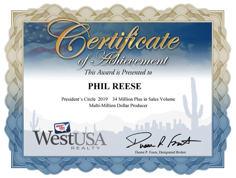 Phil Reese AZBBA Outstanding Producer Certificate 2019